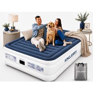 KINGJERRY Air Mattress Queen with Built in Pump, Soft Dual-Layer Design | 800 lbs Stable Support, Upgraded Flocked Surface Design, 3-Minute One-Touch Inflation, Portable for Home Guests and Camping