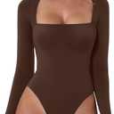 QINSEN Women's Sexy Square Neck Bodysuit Long Sleeve Double Lined Shirt Tops (Brown, XS)