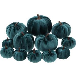 12pcs Artificial Velvet Faux Pumpkins Halloween Handmade Crafts Fabric Foam Fall Harvest Table Centerpiece Party Thanksgiving Decorative Teal