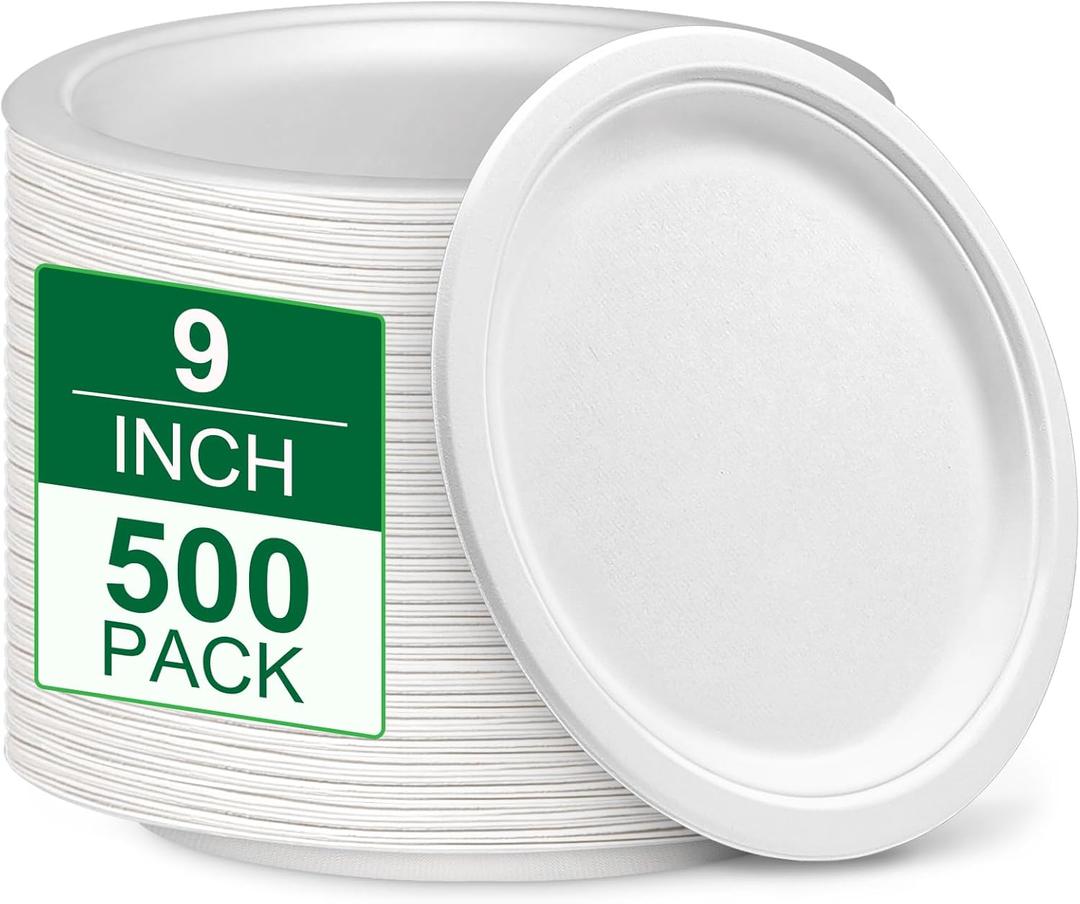 9 inch Paper Plates Bulk 500 Pack, 100% Compostable Plates Heavy Duty Sturdy, White Plates Disposable Recycled Eco Friendly Biodegradable Sugarcane Plates