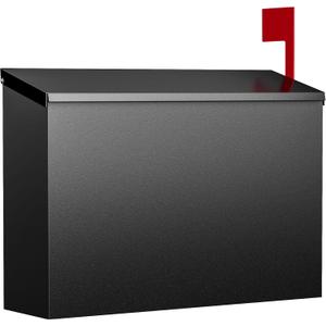 Wall-Mount Mailbox for Outside, Large Capacity Rust-Proof Mail Box with Stay-Open Lid & Red Flag Kit, Galvanized Steel Weather-Resistant Post Box for House Outside, 10.5"x4.3"x14.2", Black