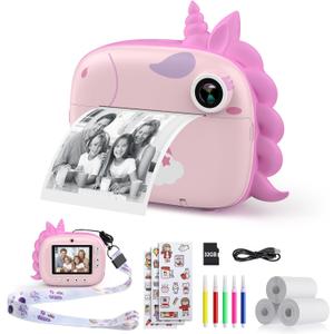 Kids Camera Instant Print, Selfie Digital Camara for Kids with Print Paper & 32G Card, 2.5K Video & Instant Print Camera with Color Pens for DIY, Fun Gift for Girls Boys 3-12 Years Old (Pink)