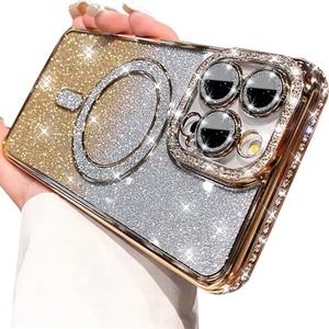 Changjia Magnetic Glitter Case for iPhone 16 Pro Max,[Compatible with MagSafe] Cute Luxury Bling Sparkly Diamond Rhinestones with Camera Protector TPU Clear Women Girls Case for iPhone 16 Pro Max,Gold
