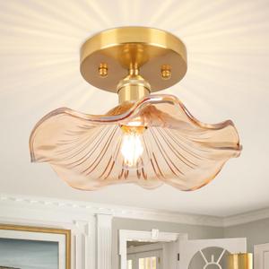 Semi Flush Mount Ceiling Light,Flower Amber Glass Ceiling Lighting 8.8" E26 Porch Ceiling Light Fixtures for Closet Hallway Kitchen Dining Room