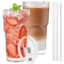 TUZAZO 20 Oz Glass Tumblers with Lids and Straws - 1Pack Ribbed Glass Iced Coffee Cup with Straw and Lid, Thicken Glasses, Ideal for Smoothieds, Cocktails, and Juices