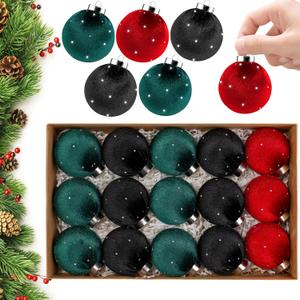Christmas Tree Ornaments Set Velvet Balls, 15pcs Shatterproof Christmas Bulbs Ornaments for Xmas Tree Decorative Hanging, Vintage Flocked Decoration, 58mm, 2.3in, Multicolor Green Red Black