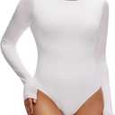 NANJI Long Sleeve Bodysuit for Women - Slim Fit Crew Neck Thong Body Suit, Stretch Double Lined Snap Tops, Casual Going Out (White, L)
