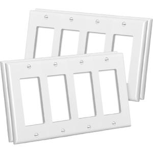 CML 4-Gang Decorator Wall Plates, 4 Pack Electrical Outlet Receptacle Covers and Switch Plates, Standard Size 4.5x8.23, Impact Resistant, UL Listed, White