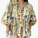 Women's Casual Boho Floral Print Puff Half Sleeve V Neck Shirt Spring Summer Loose Flowy Tunic Blouse Trendy Tops 2025 Size Large, Yellow