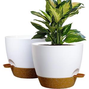 WOUSIWER 10 inch Self Watering Planters, 2 Pack Large Plastic Plant Pots with Deep Reservoir and High Drainage Holes for Indoor Outdoor Plants and Flowers, White with Terracotta