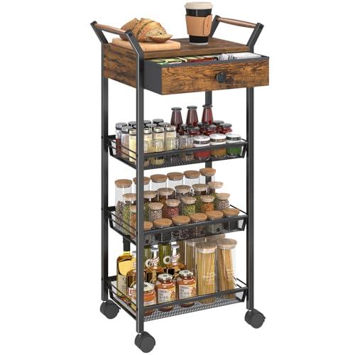 Asgolion Large Fruit Vegetable Storage Cart, 5-Tier Kitchen Rolling Cart with Wheels & Drawer, Metal Wire Storage Basket Organizer Baskets for Kitchen, Pantry, Bathroom