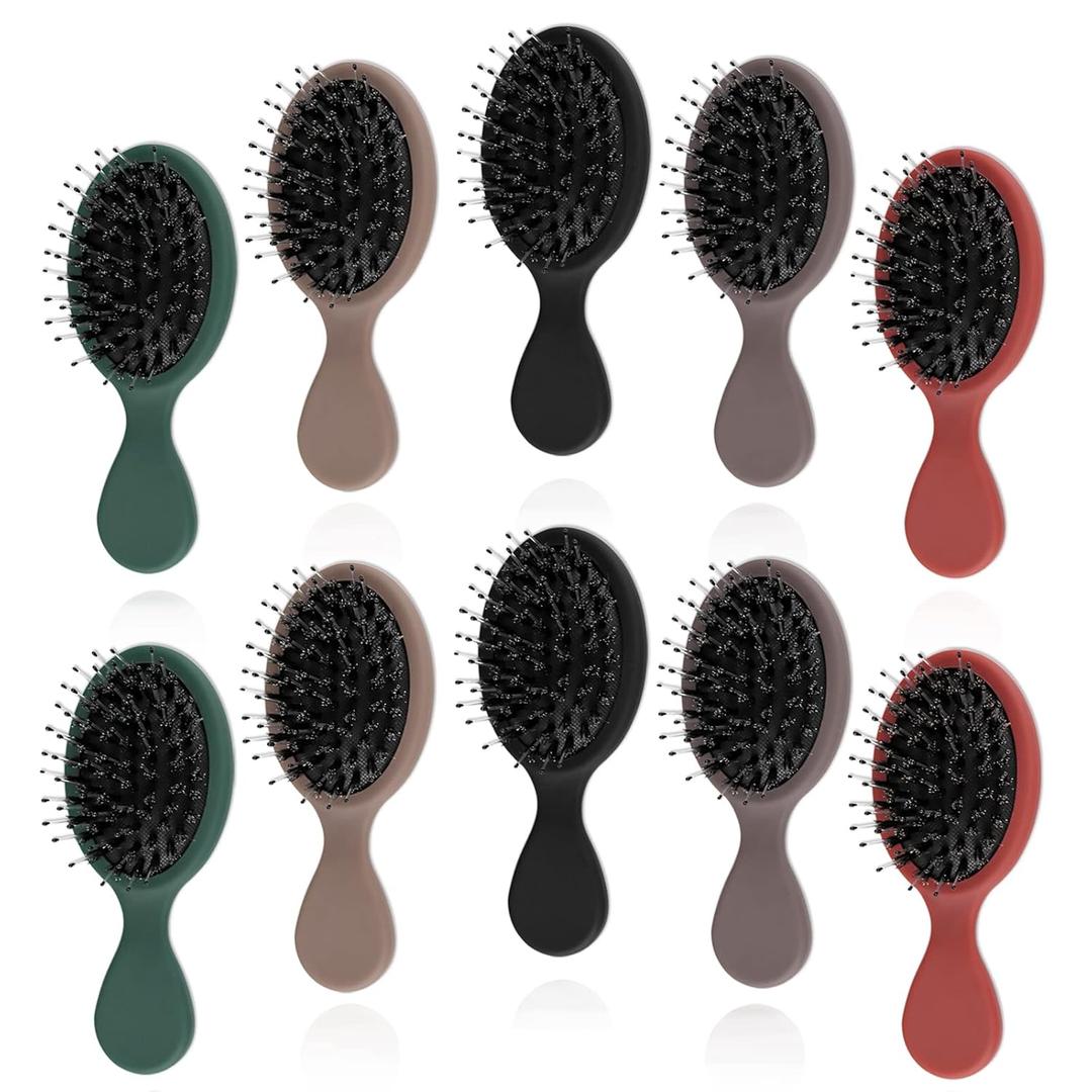 9 Pack Mini Boar Bristle Brush Individually Wrapped, Boar and Nylon Bristles Adds Shine, Promote Hair Growth, Scalp Massage and Detangling, Safe for All Hair Types Extensions, Wigs, 5 Colors (Black, Brown, Green, Grey, Red)