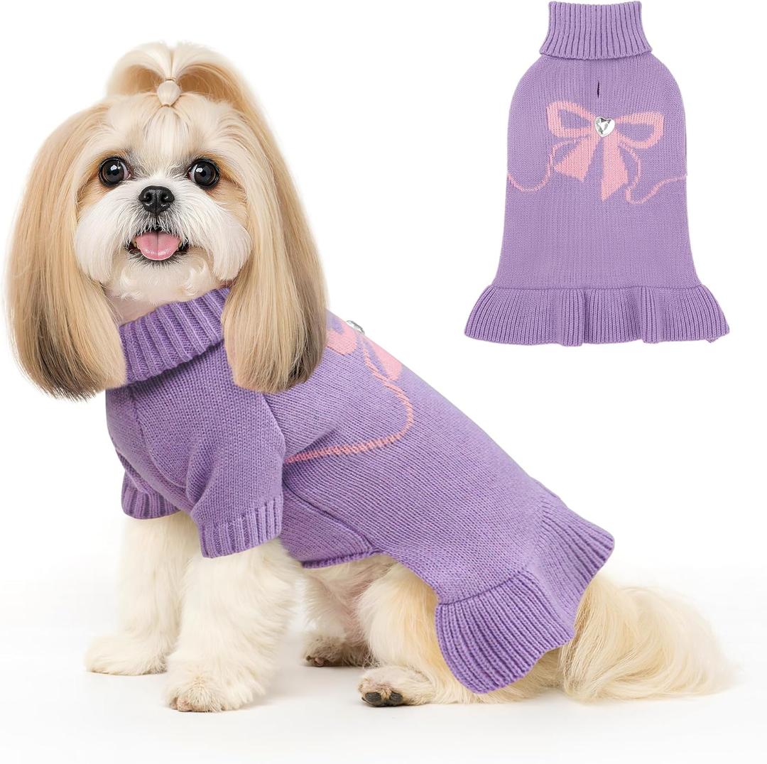 YUDODO Bowknot Dog Sweater Dress for Small Dogs Girl, Stretchy Pet Sweaters Pullover Coats, Fall Winter Warm Dog Turtleneck Sweater (Purple, M) (Medium (9-15lbs))