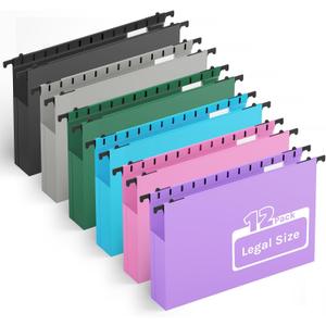 Ansook Plastic Extra Capacity Legal Hanging File Folders,Heavy Duty 2" Expansion Hanging Folder with 1/5 Tabs,12 Pack Filing Cabinet Folders,Accordion File Folders,Color File Organizer for Office