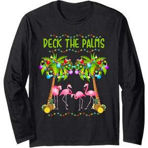 Deck the Palms Merry Pink Flamingo Christmas Hawaiian Long Sleeve T-Shirt, Small