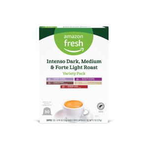 Amazon Fresh Intenso Dark, Medium & Forte Light Roast Aluminum Capsules, Variety Pack, Compatible with Nespresso Original Brewers, 50 Count (5 Packs of 10) (EXP 04/03/28)