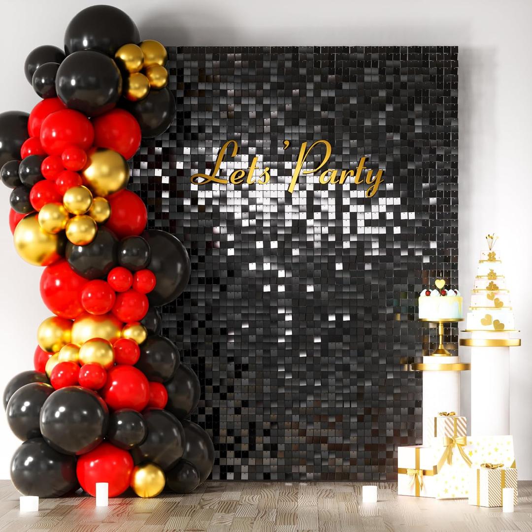 COKAOBE Black Shimmer Wall Backdrop, 24PCS Square Sequin Shimmer Backdrop Panel, Photo Backdrops for Birthday, Anniversary, Wedding, Graduation & Bachelorette Party Decoration