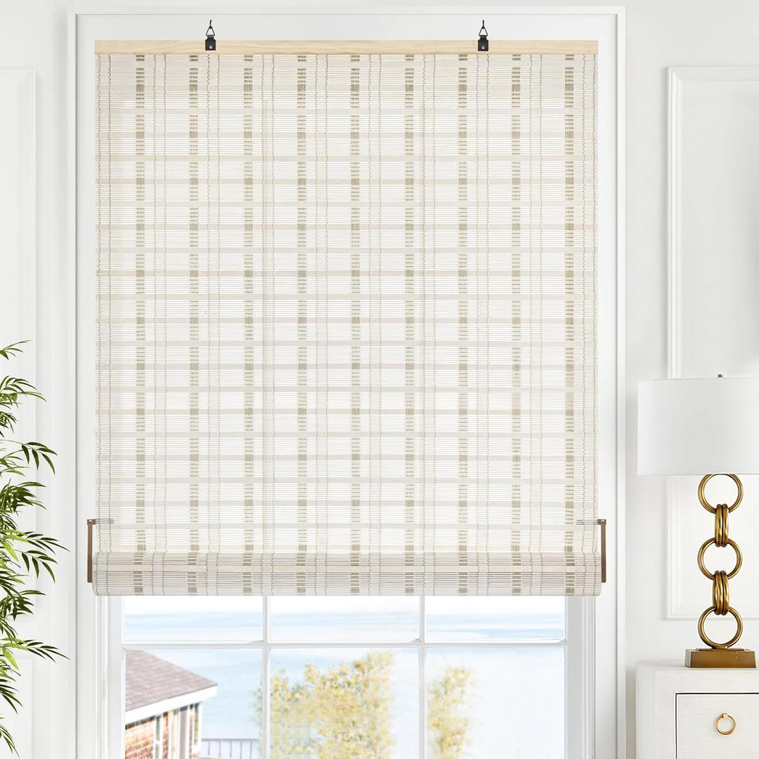 LazBlinds Cordless Bamboo Blinds, Roll Up Shades for Windows, Light Filtering Hanging Window Patio Indoor/Outdoor Porch - Blinds Size: 31 1/5'' W x 72'' H, Whitewash B (BAM-KKJL-71) (32'' W x 72'' H)
