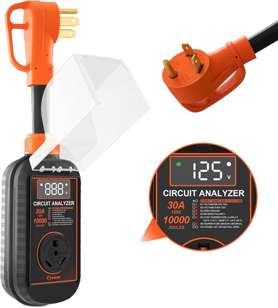 Saker 30 Amp RV Surge Protector, 10000 Joules, LED Real-time Display, RV Adapter Plug with Auto Shutoff, High/Low Voltage & Temperature Protection, IP67 Waterproof for RV Camper