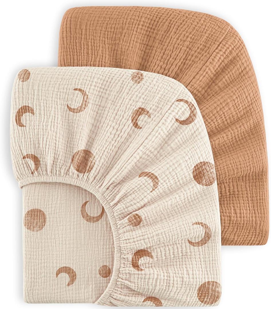  Bearmoss Muslin Crib Sheets 100% Cotton Baby Bed Sheets Soft & Breathable Nursery Sheet 52"x28" for Standard Crib Mattress & Toddler Bed Mattress - 2 Pack (Brown Moon)