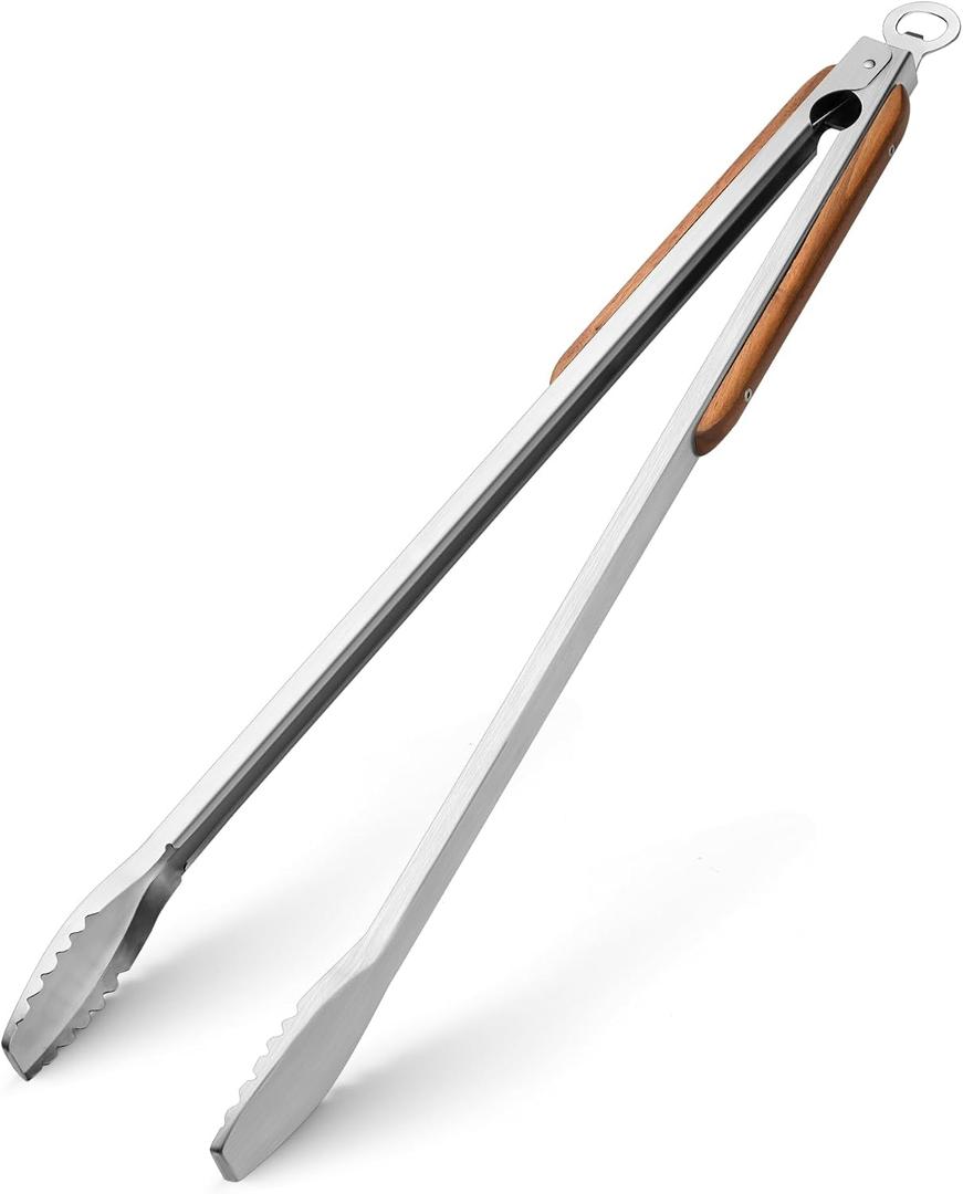 25" Extra Long BBQ Tongs with Wooden Handle, Heavy Duty Stainless Steel Metal Tongs for Charcoal, Grilling, BBQ, Barbecue, Cooking
