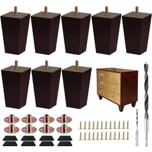 Sofa Legs Square Bed Feet 4 inch Wood Replacement Leg for Furniture Set of 8, Dark Brown