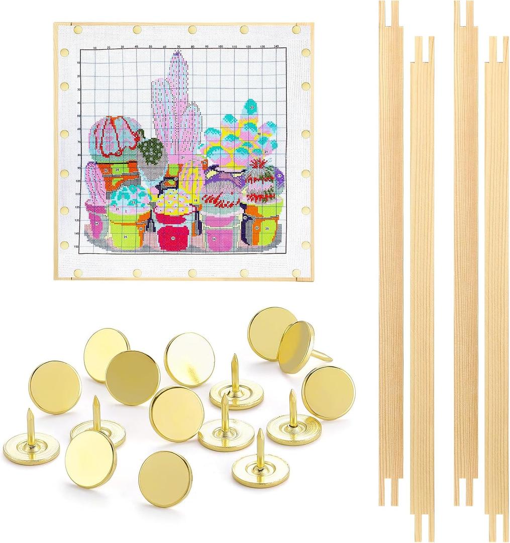 Glooglitter 2 Sets Stretcher Bars for Needlework with Thumb Tacks Regular Needlepoint Stretcher Bars Wooden Canvas for Embroidery Stitch Frame Set Bundle with Crafts(16 Inch,Wood)