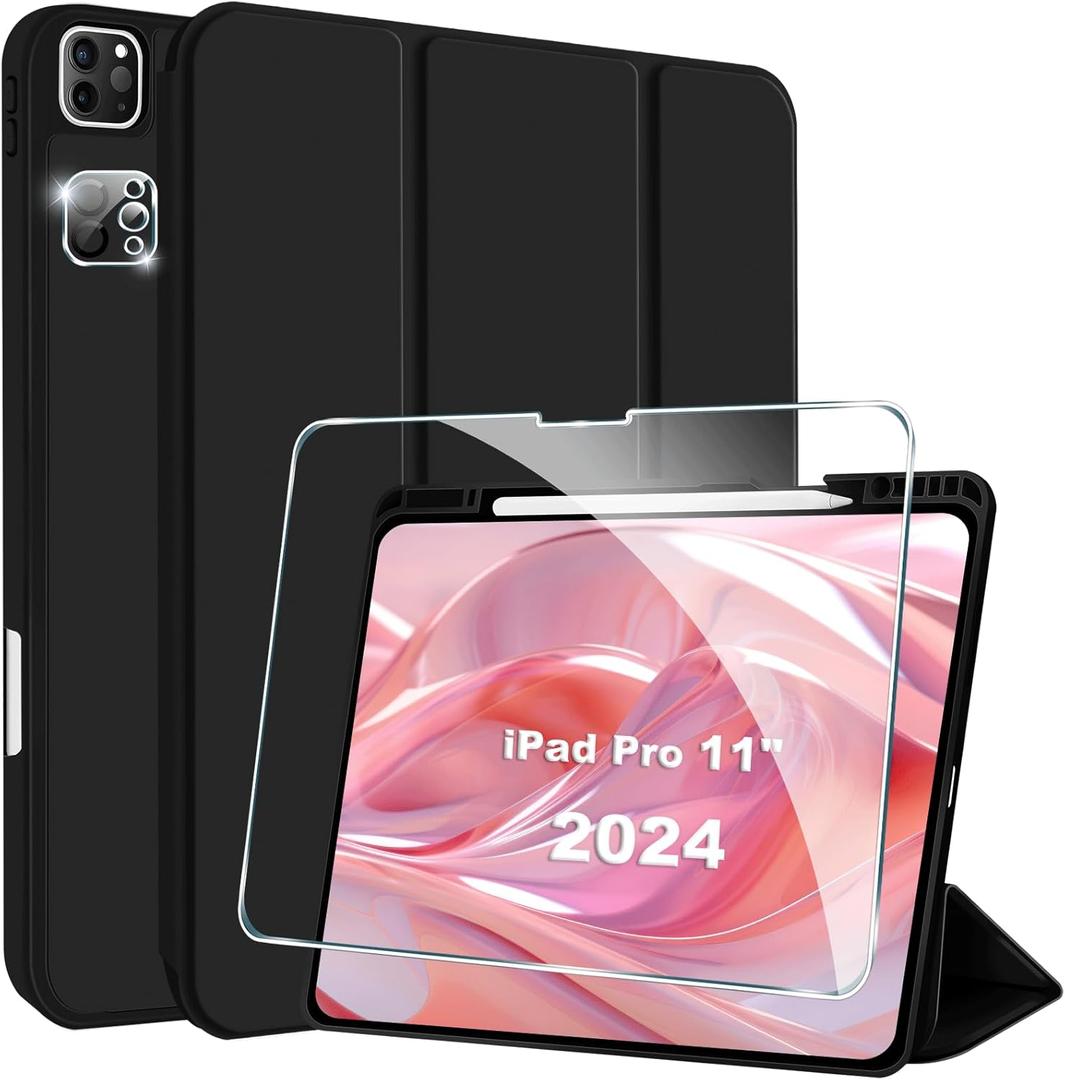 iPad Pro 11-Inch (M4) 2024 Case, Protective Case for Soft TPU Silicone with Pencil Holder (Case+ Screen Protector+Camera Lens Protector) Black