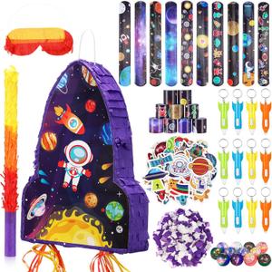 Meooeck 90 Pcs 16 x 12 x 3 Rocket Ship Piata with Blindfold Piata Stick Confetti Set, Outer Space Party Favors Include Slap Bracelet Sticker Bouncy Ball Flashlight Keychains
