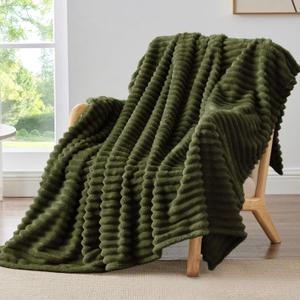 BEDELITE Fleece Throw Blanket for Couch - 300GSM Soft & Warm Fluffy Olive Green Blanket, Decorative and Giftable Striped Blankets for Women, Men, 50"x60"