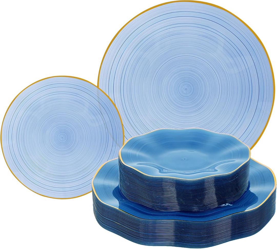 Pryntono 120PCS Blue Plastic Plates with Gold Rim, Heavy Duty Disposable Plates, Elegant and Fancy 60 Dinner and 60 Dessert Plates for Party and Wedding