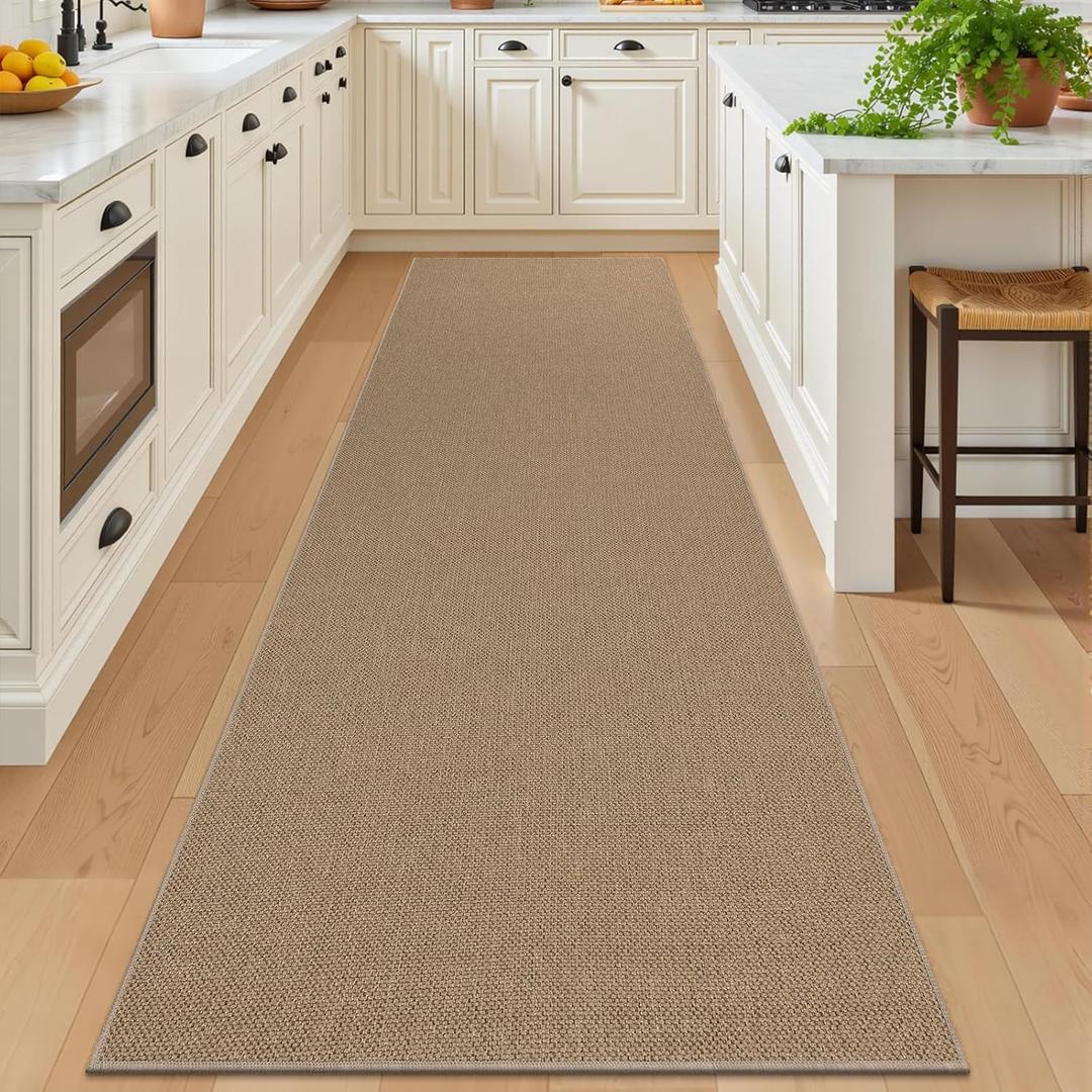 SHACOS Easy Jute 3x10 ft Washable Runner Rug Non Slip Low Pile Thin Durable Faux Jute Farmhouse Rug for Entryway Hallway Patio Kitchen Porch Indoor Outdoor Carpet, Brown