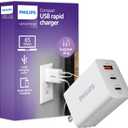 Philips iPhone Charger Fast Charging, 65W USB C Charger, 3-Port GaN USB C Charger Block with USB A and USB C, Foldable Fast Wall Charger for iPhone 16 Series, 15 Series, iPad Pro, White, DLP3653W/37