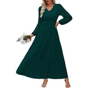 Women's Long Puff Sleeve Floral Maxi Dress V Neck Lace Eyelet Hollow Out A Line Flowy Boho Spring Wedding Guest Party Dresses (Green, L)