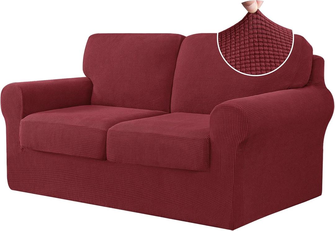 CHUN YI 5 Piece Loveseat Covers Couch Covers for 2 Cushion Couch, Stretch Sofa Slipcovers with Separate Backrest and Cushion Covers, Anti-Slip Washable Furniture Protector for Dogs Pets (Medium, Wine)