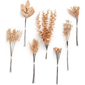 Ling's moment Artificial Golden Branches Box Set, 33pcs with 7 Kinds of Faux Greenery Picks for DIY Bridal Bouquets Wedding Floral Arrangement Table Centerpieces, Golden
