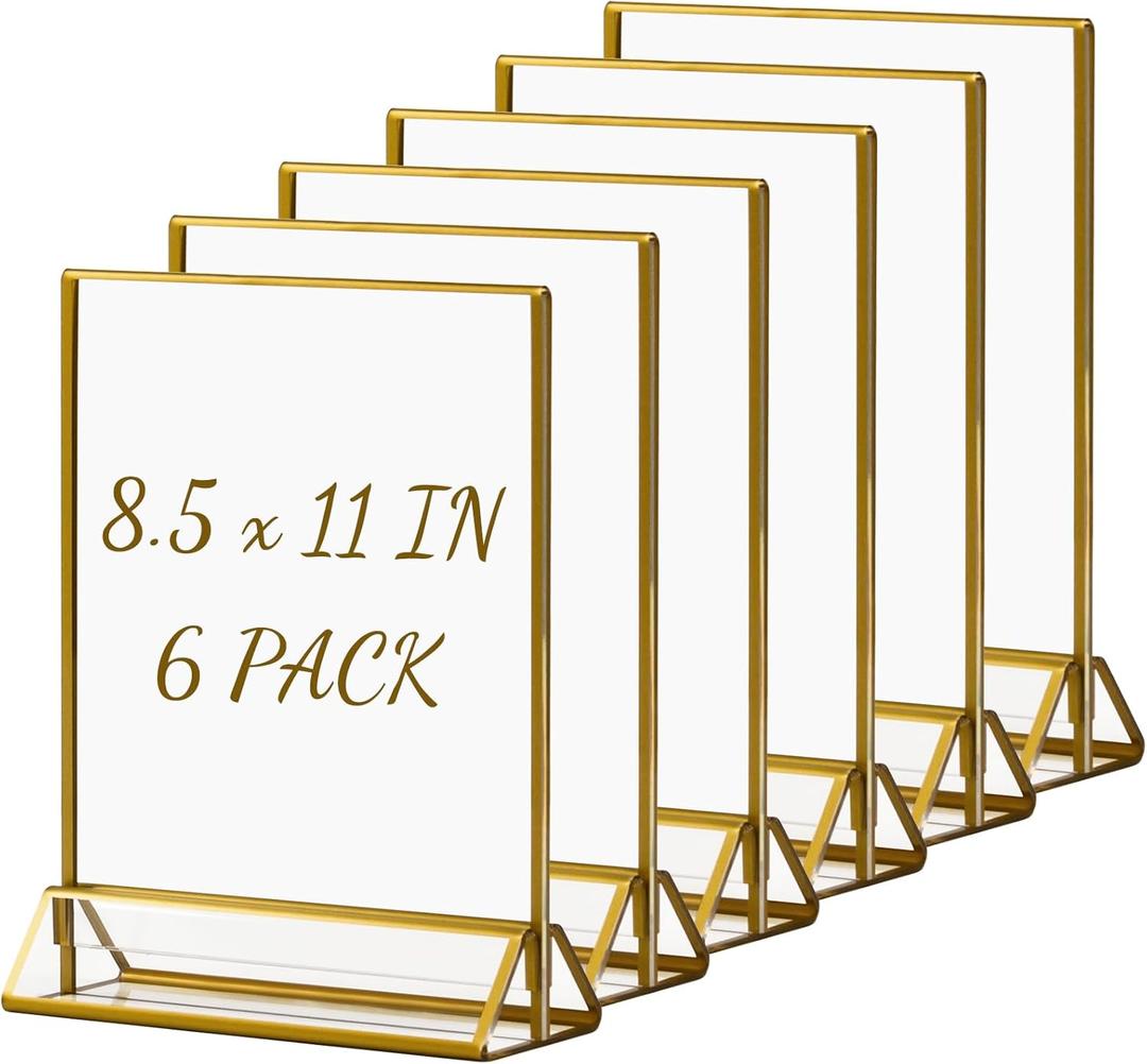 Boxalls Acrylic Sign Holders Letter Size Gold, 6 Pack 8.5x11 in Table Number Wedding Picture Holder, Vertical Photo Stand Double Sided, Menu Recipe Restaurant Reserved Display Bulk Frames
