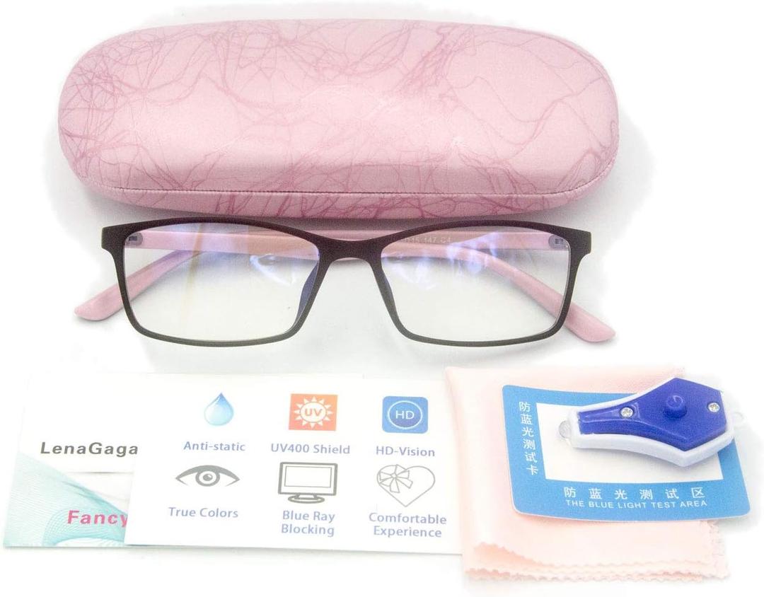 Women Anti Blue Light Glasses Block Eye Strain Glare with Case Tester, Gaming Computer Glasses Blue Light Block Glasses Filter UV Blocker Clear Lens Small Face Narrow Rectangle Nerd Frame Pink Black