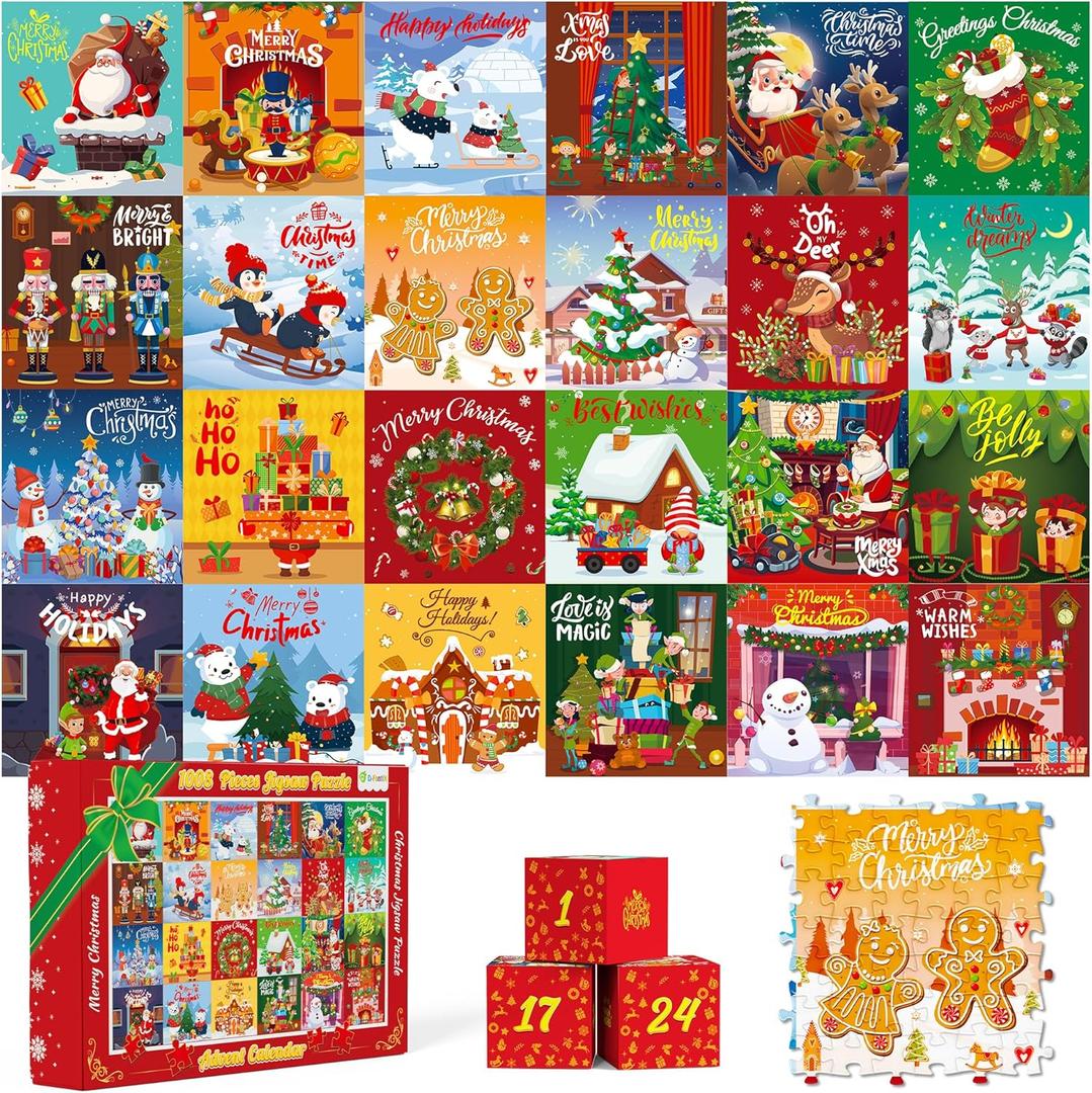 D-FantiX Puzzle Advent Calendar 2025 for Adults Kids, Christmas Jigsaw Puzzles 24 Days Countdown Calendars for Boys, Girls, Teens, 1008 Pieces Winter Xmas Holiday Vintage Puzzle Gift Decoration