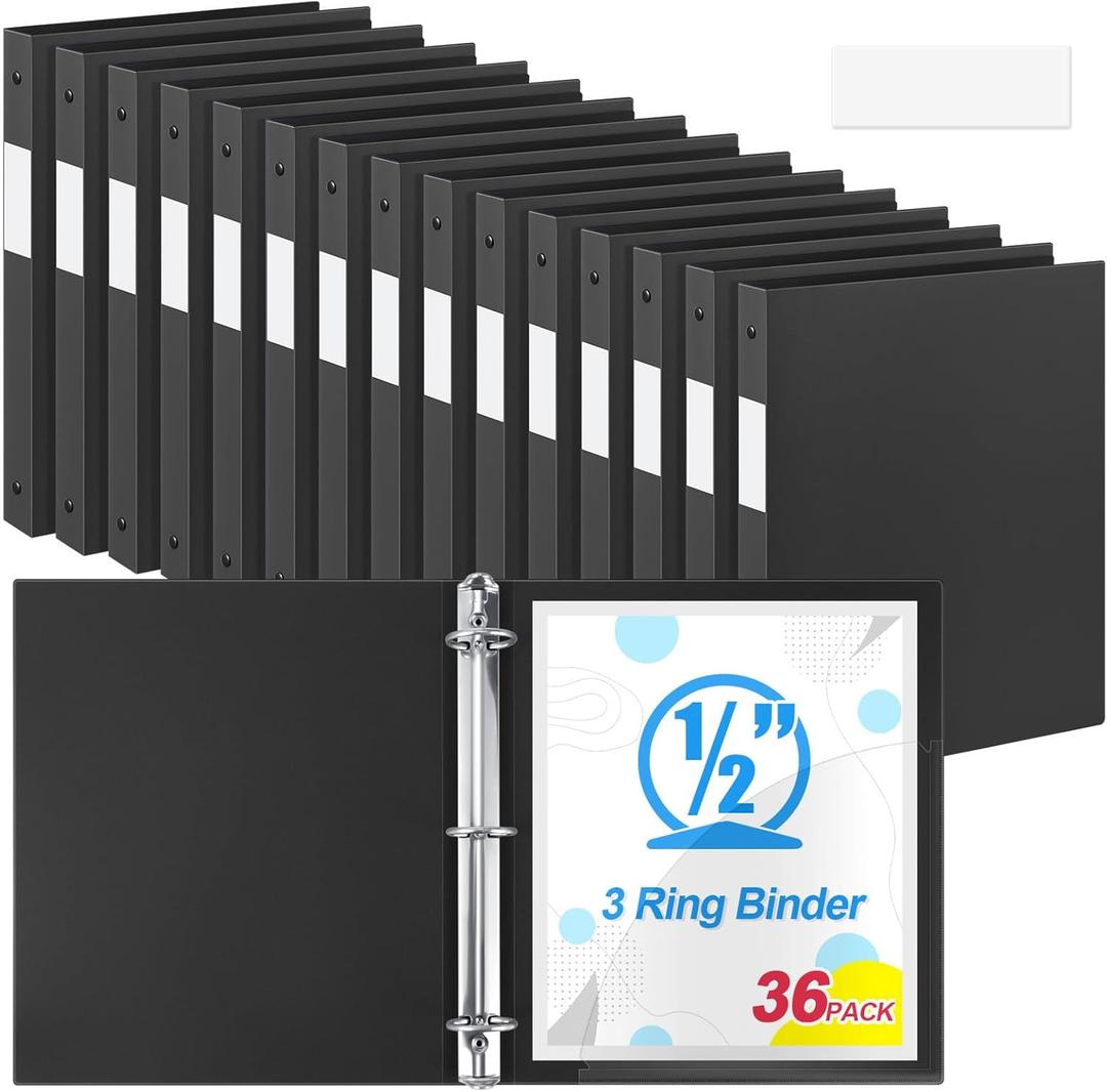 Henoyso 36 Pack 0.5 Inch Plastic 3 Ring Binder Round Ring, Bulk 1/2 Inch Flexible Binders Hold 140 Sheets Letter Size with Pocket, Document Organizer for Back to School Classroom Office (Black)