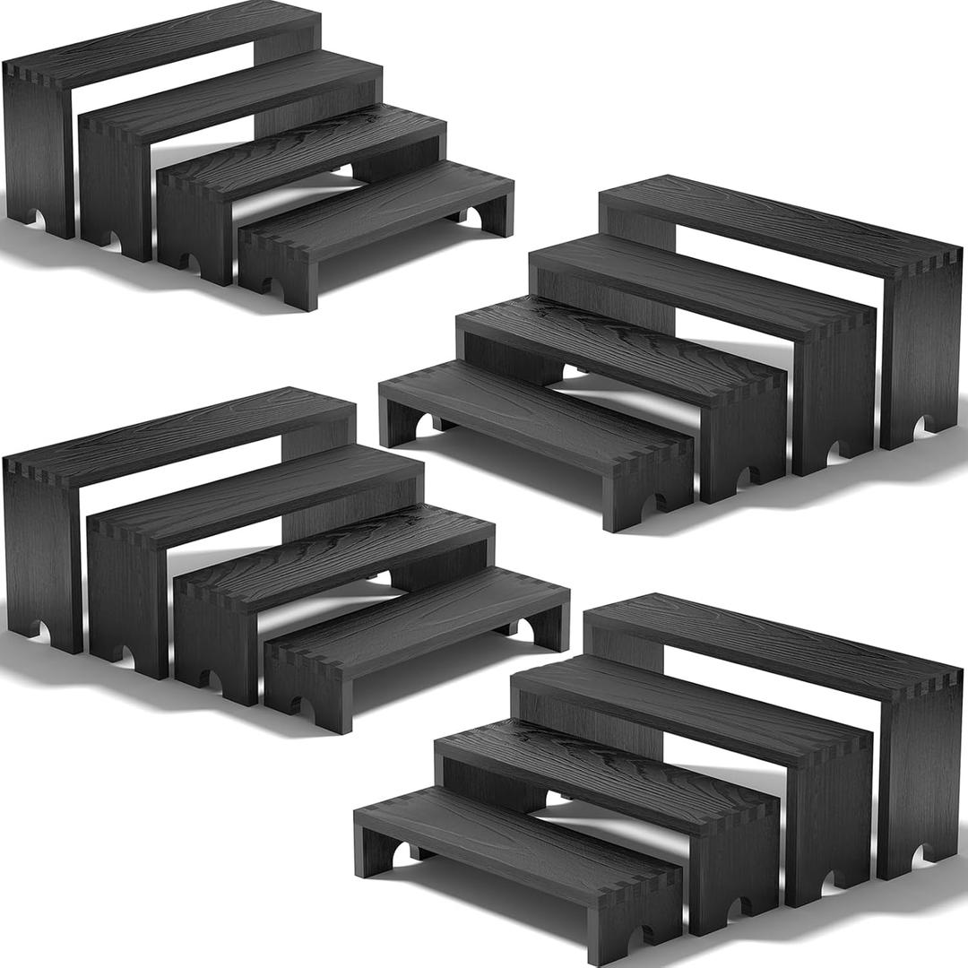 4 Set Large Black Wooden Tiered Riser Display Stands for Vendor Events, Stackable Wooden Cupcake Stand, Farmhouse Decor Wood Dessert Table Display Set, Vendor Booth Display Items, Food Display Risers for Party（12-11.2-10.4-9.6IN）
