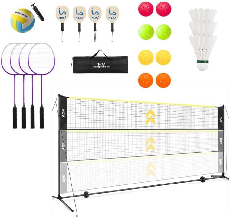 NQV Pickleball Set with Net-10FT Half Court Size Pickleball Net+Wood Pickleball Paddles+Pickle Balls+Ball Retrievers+Pickleball Court Marking Kit, Portable Driveway Outdoor Indoor for Beginners Pros