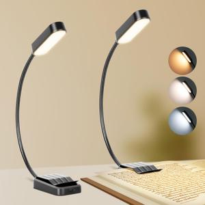 2 Pack Book Light,Rechargeable Reading Lights for Books in Bed-Eye Caring 3 Colors, Stepless Dimming, 360 Flexible Studying Small Desk Lamp, Clip-on LED Night Light for Book Lovers, Kids (Black)