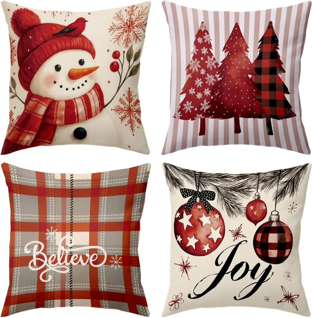 BBOLDIN Classic Christmas Throw Pillow Covers 18x18 Couch Cushion Covers, Xmas Holiday Tree Snowman Decorations for Bedroom Home, Country Striped Farmhouse Plaid Pillow Cases Winter Decor Set of 4