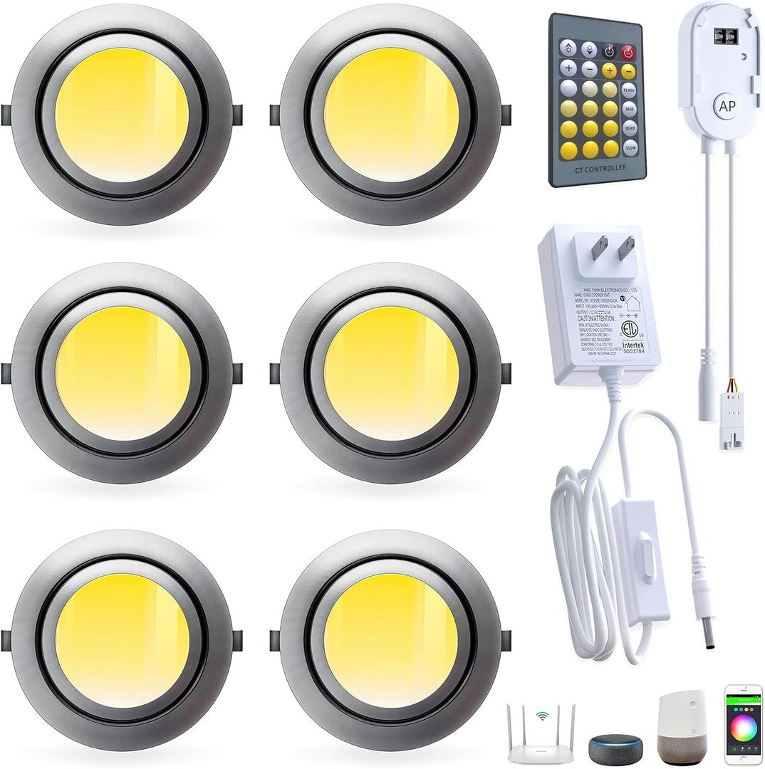 Smart Puck Lights LED Under Cabinet Lighting 2700k-6500k Dimmable Works with Alexa,Google Home,APP & Remote,12V,2W/pc,Recessed Kitchen Lamp Plug In for Counter,Display Shelf,2.5Inch Cutout,6pcs,Sliver