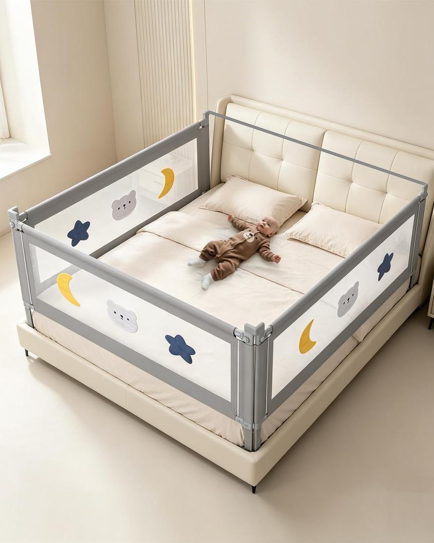 King Size Bed Guard Rail for Toddlers 3 Pack with Headboard Rod, 3-Side King Size