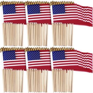 Shimeyao 200 Pack Small American Flags on Stick, 250th Anniversary Mini Handheld Flags Stick with Solid Wooden Pole Safety Spear Tip for 4th of July Patriotic Independence Veterans Day