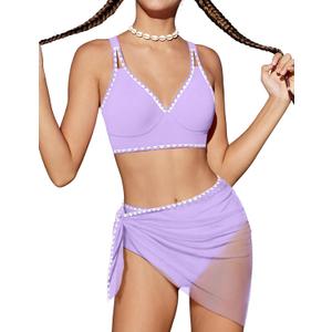 Girls Swimsuit V-Neck Shell Stitched Solid Color High Waisted 3 Piece Bathing Suit Bikini with Cover Up 9-16T (13-14 Years, Purple)