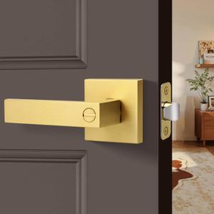 Square Privacy Gold Door Handles (No Key) for Bathroom and Interior Closet, Heavy-Duty Brushed Gold Reversible Door Lever, Satin Brass, 1 Pack