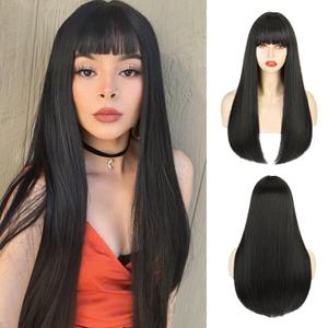 ENTRANCED STYLES Black Wig for Women Long Straight Black Wigs with Bangs Black Hair Wigs Heat Resistant Synthetic Womens Wig for Daily Party Christmas Halloween Use 22 Inch 1B